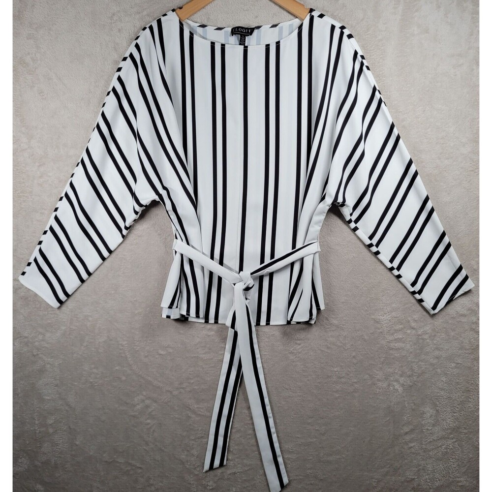 ELOQUII Blouse Top Plus Sz 18 Striped Long Sleeve Sheer Tie Waist Front